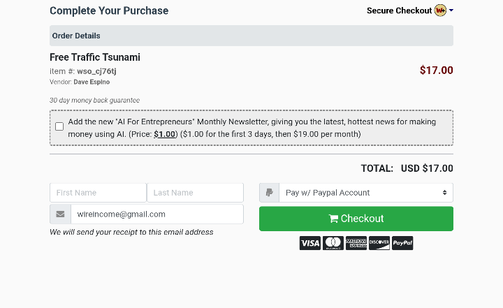 Free Traffic Tsunami checkout page